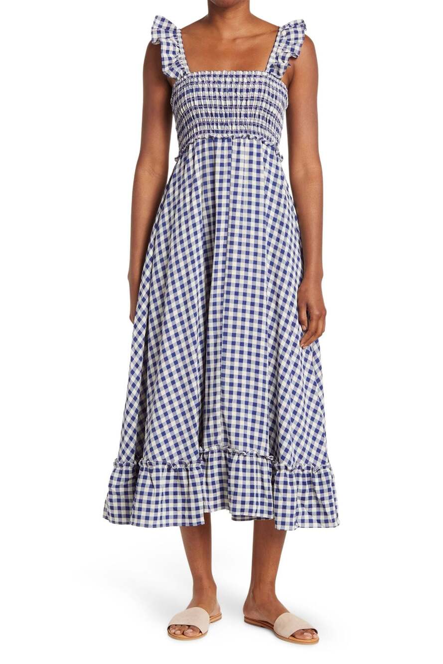 Max Studio Navy Blue and White Gingham Smocked Ruffle Strap Maxi Dress